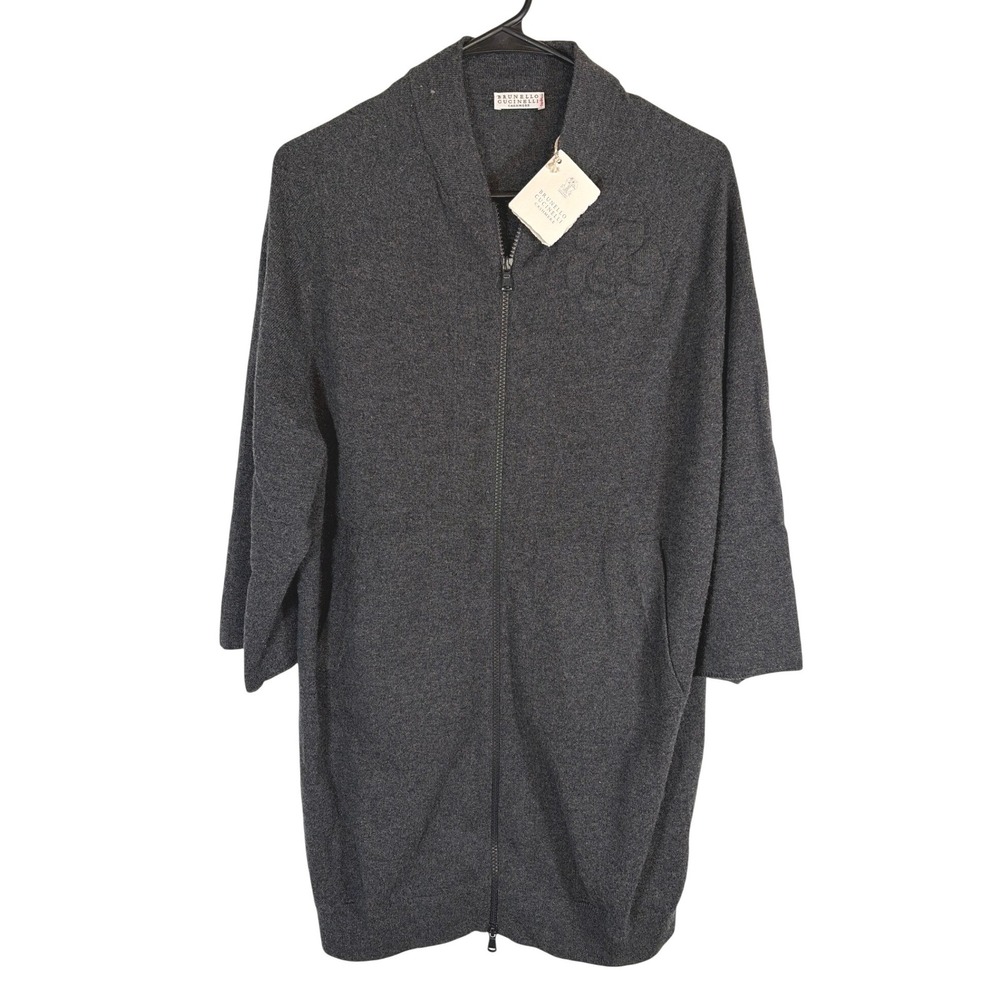 Brunello Cucinelli NWT Womens Cashmere Zip Cardigan Longline Grey Sweater L